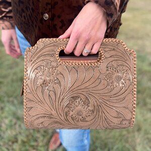 Hand-Tooled Leather Floral Western Clutch Bag with Free Gift Bifold Black Wallet